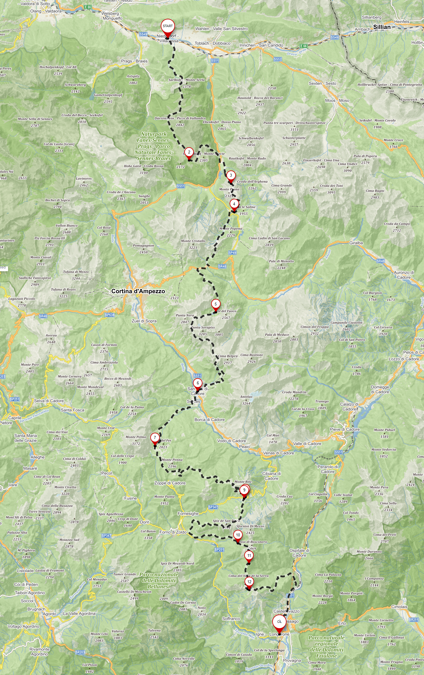 Dolomites Alta Via 3 - mapa - Dolomity - Itálie - cestování - dovolená v itálii - Panda na cestach - panda1709